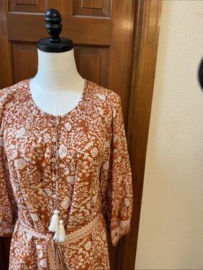 Cleobella Rust and White Floral Tassel-Belt Dress Size M